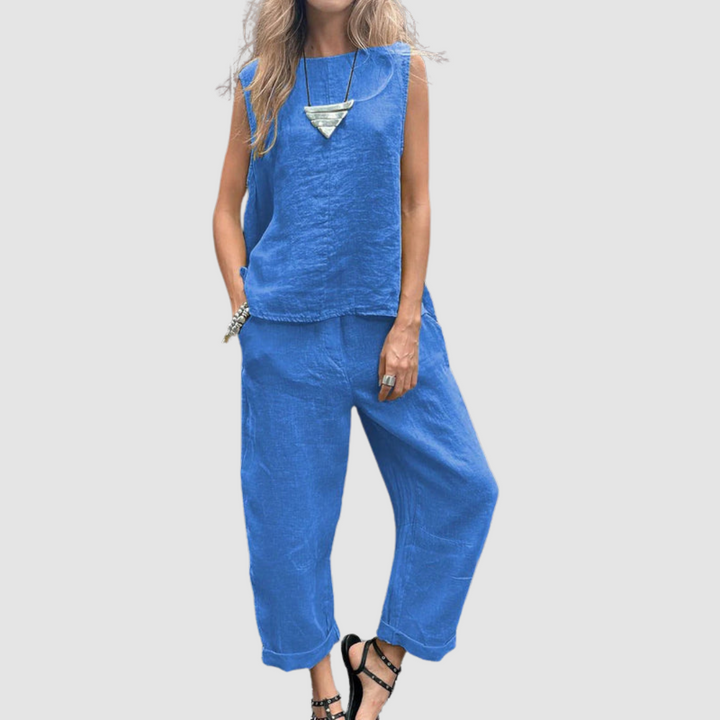 Women's Lightweight Two-Piece Summer Set - Sleeveless Top & Wide-Leg P - Blue