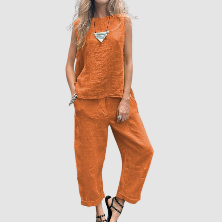 Women's Lightweight Two-Piece Summer Set - Sleeveless Top & Wide-Leg P - Orange