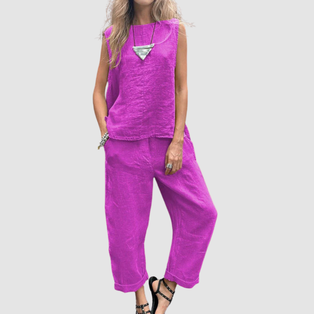 Women's Lightweight Two-Piece Summer Set - Sleeveless Top & Wide-Leg P - Purple