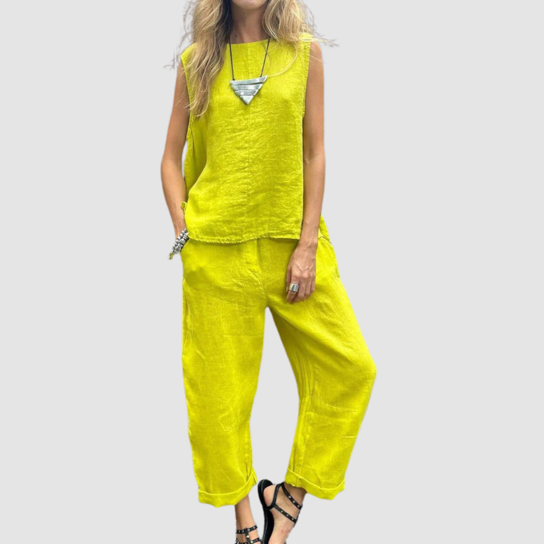 Women's Lightweight Two-Piece Summer Set - Sleeveless Top & Wide-Leg P - Yellow
