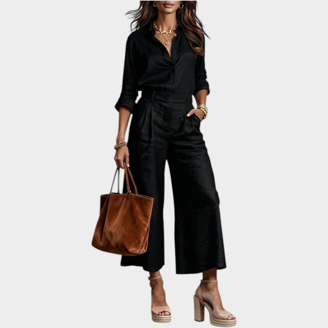Women's Linen Button-Up Top and Wide-Leg Pants Set - Relaxed Chic - Black