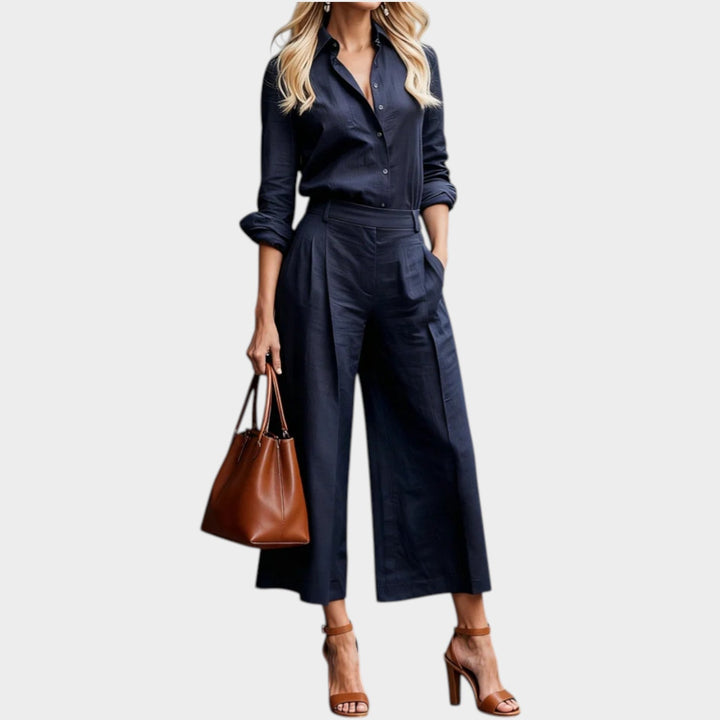 Women's Linen Button-Up Top and Wide-Leg Pants Set - Relaxed Chic - Navy