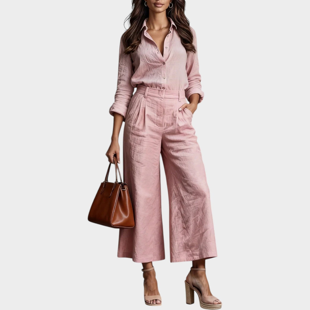 Women's Linen Button-Up Top and Wide-Leg Pants Set - Relaxed Chic - Pink