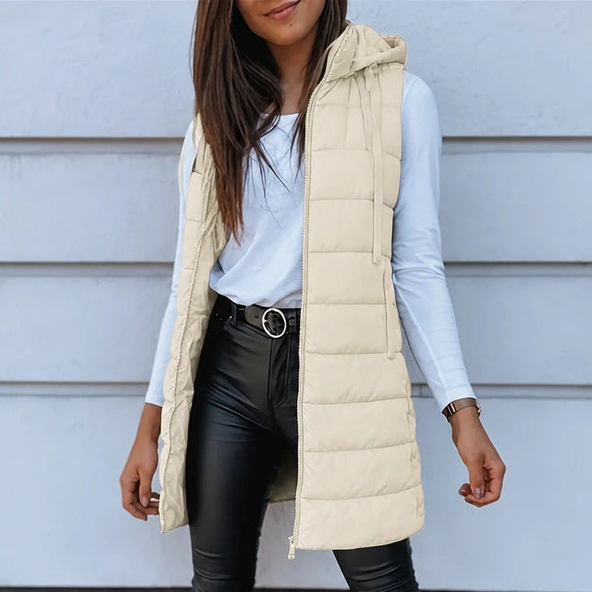 Women's Long Hooded Puffer Vest in beige, Longline Coverage