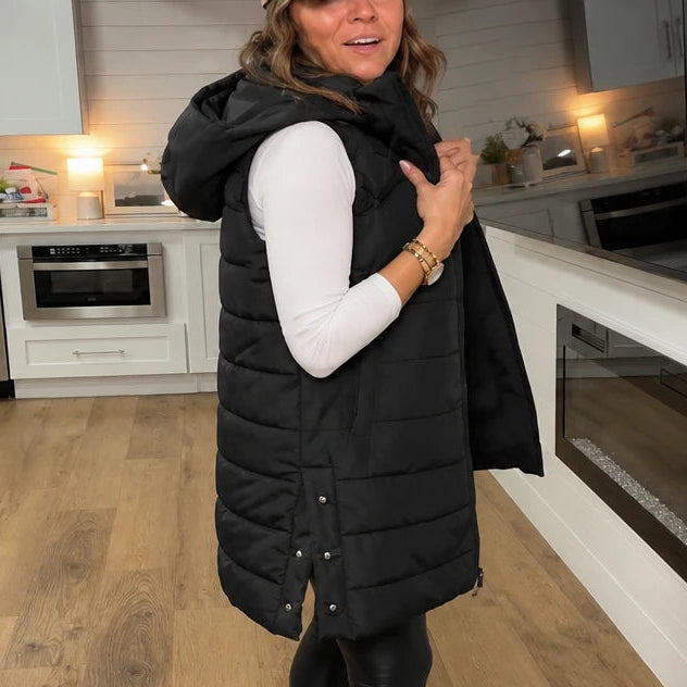 Women's Long Hooded Puffer Vest in black, Longline Coverage