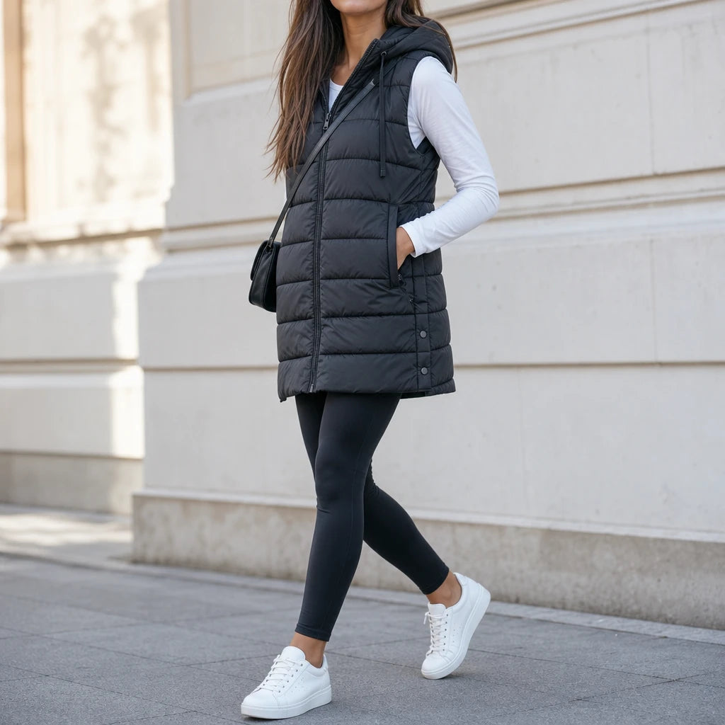 Women's Long Hooded Puffer Vest - Longline Coverage