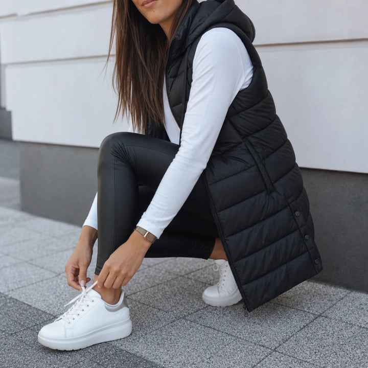 Women's Long Hooded Puffer Vest - Longline Coverage