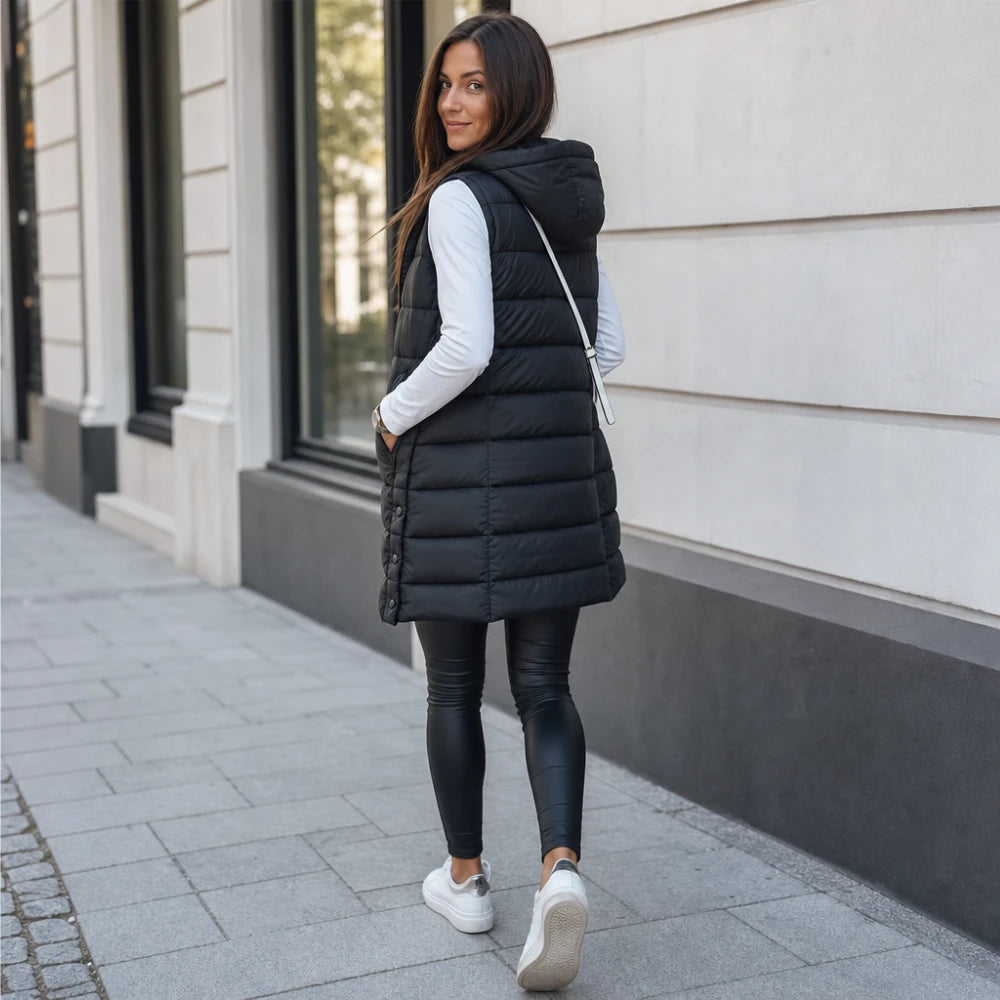 Women's Long Hooded Puffer Vest - Longline Coverage