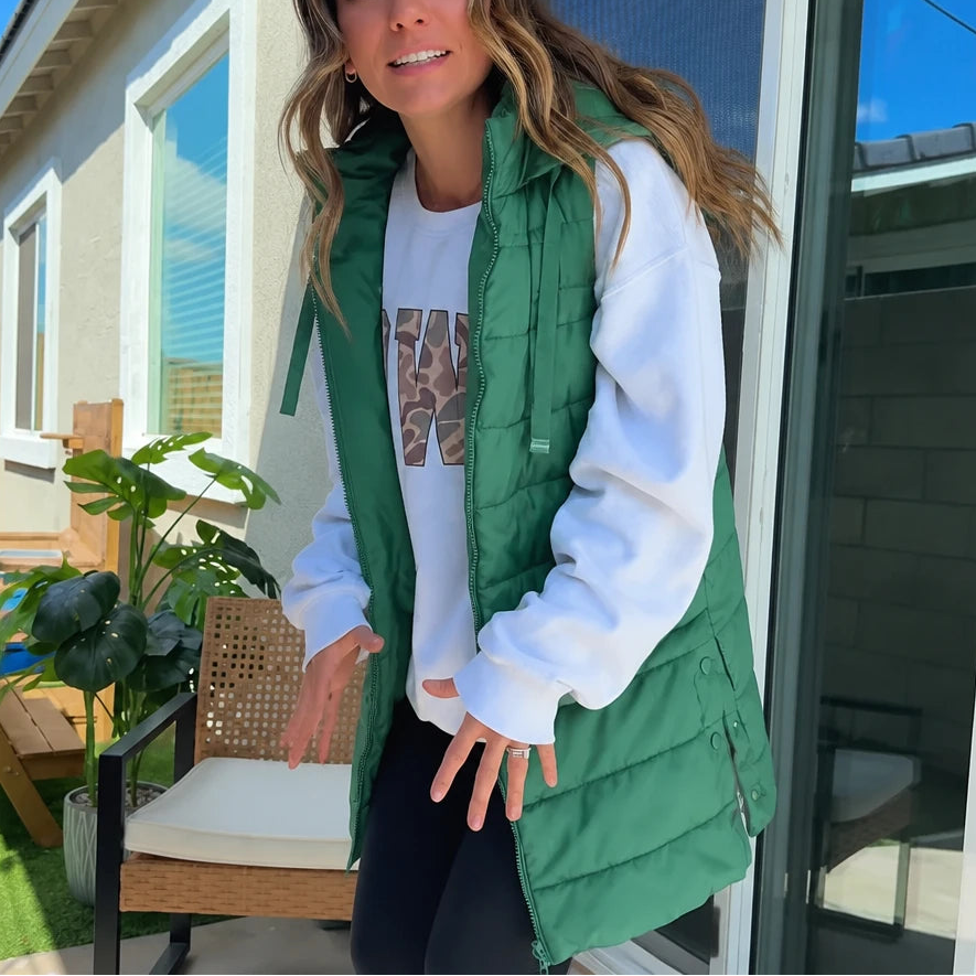 Women's Long Hooded Puffer Vest in green, Longline Coverage