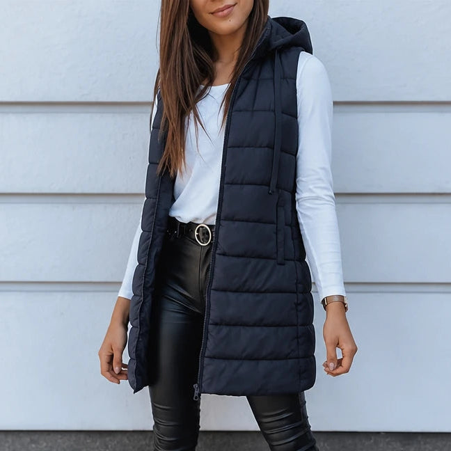 Women's Long Hooded Puffer Vest in navy, Longline Coverage