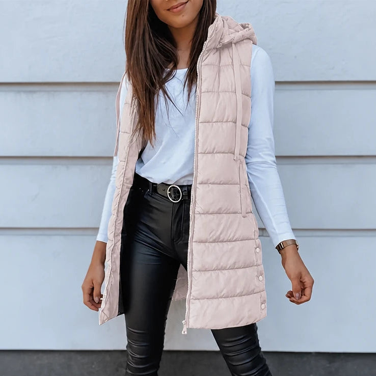 Women's Long Hooded Puffer Vest in pink, Longline Coverage