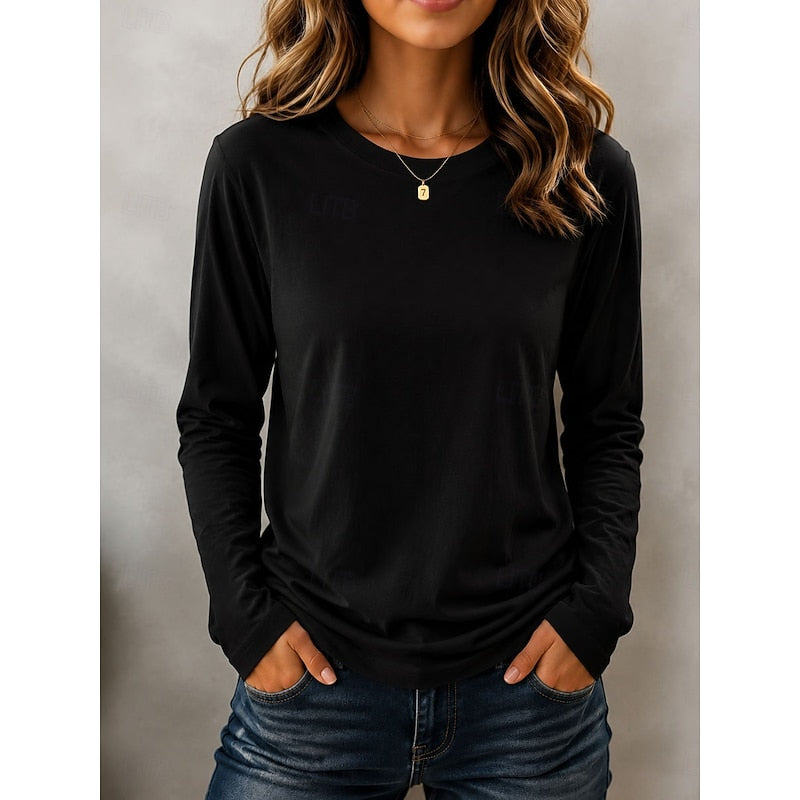 Women's Long Sleeve Crew Neck Top in black, Classic Everyday Essential