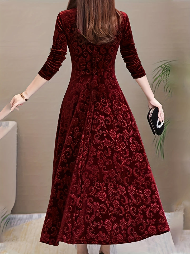 Women's Long-Sleeve Midi Dress in burgundy, Elegant V-Neck