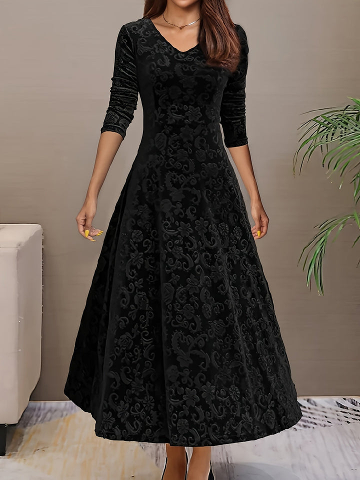 Women's Long-Sleeve Midi Dress - Elegant V-Neck