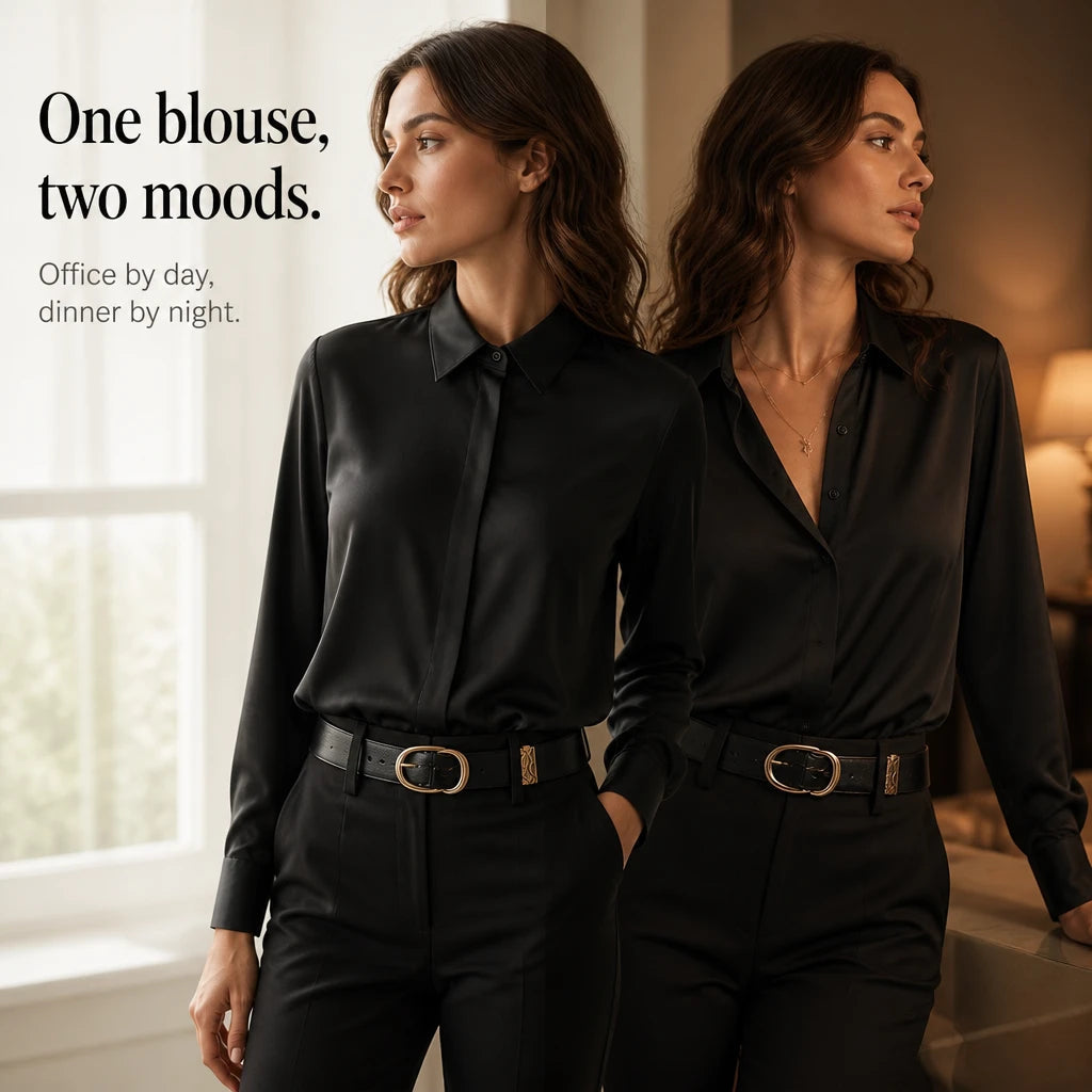 Women's Long-Sleeved Satin-Look Shirt - Polished Drape
