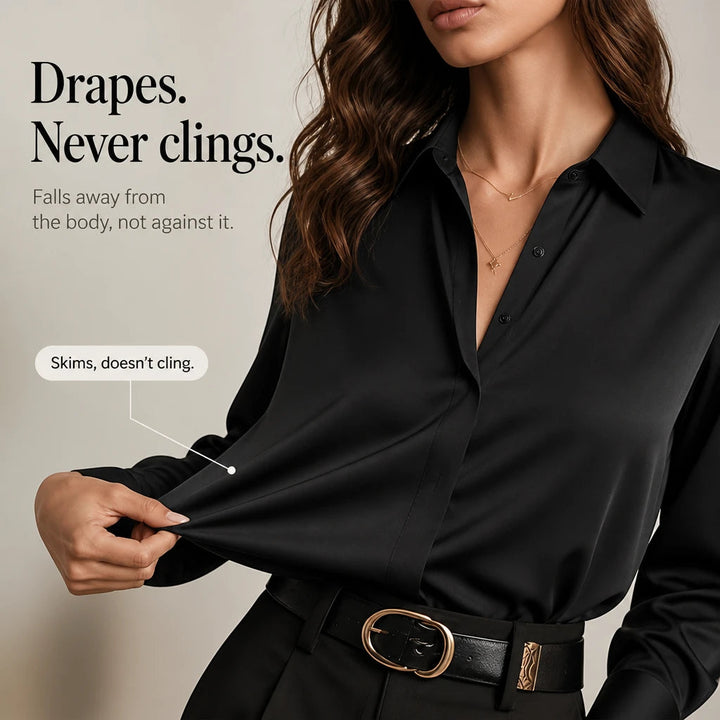 Women's Long-Sleeved Satin-Look Shirt - Polished Drape