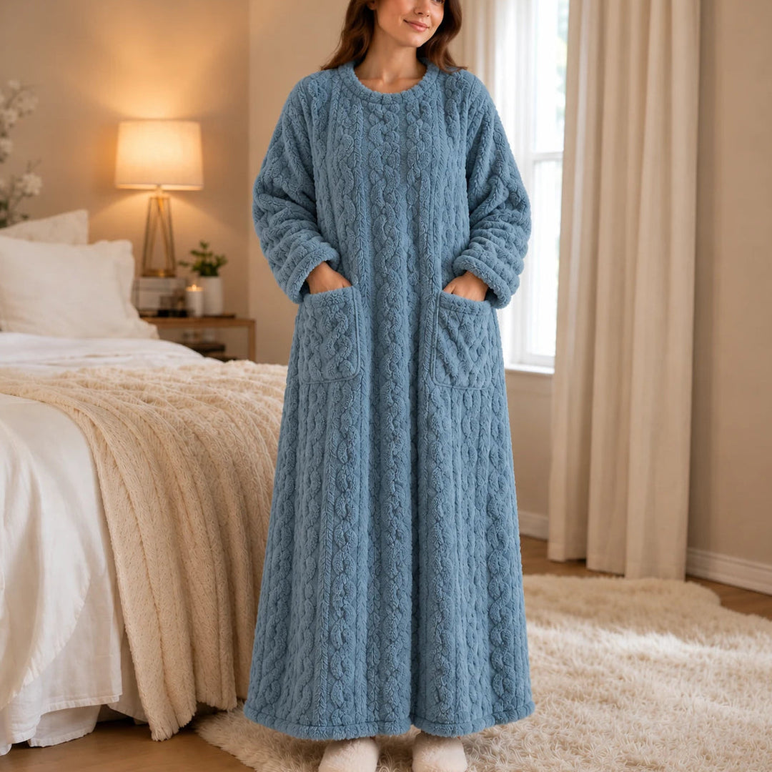 Women's Long Velvet-Look House Dress in blue, Cozy Ankle Length