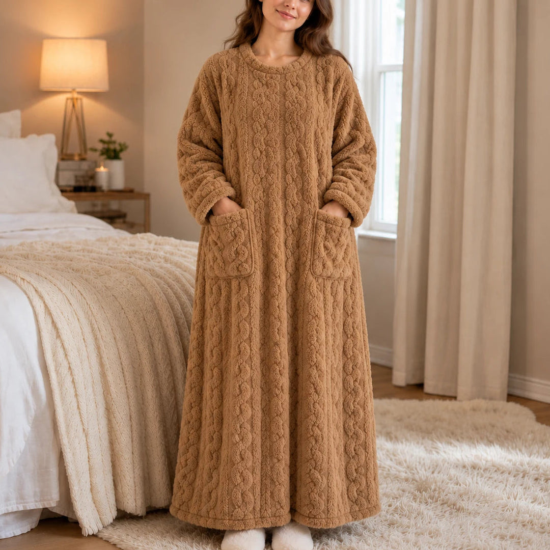 Women's Long Velvet-Look House Dress in brown, Cozy Ankle Length