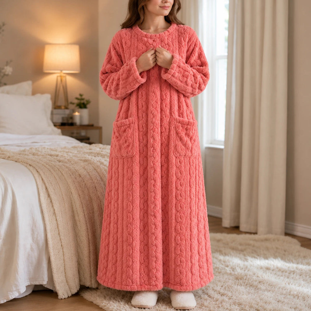 Women's Long Velvet-Look House Dress in pink, Cozy Ankle Length