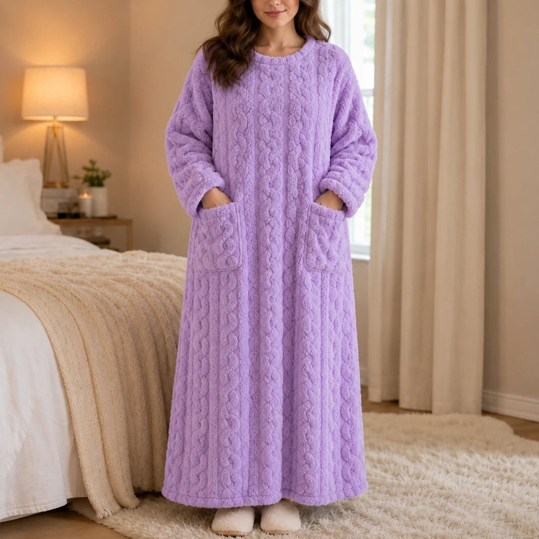 Women's Long Velvet-Look House Dress in purple, Cozy Ankle Length