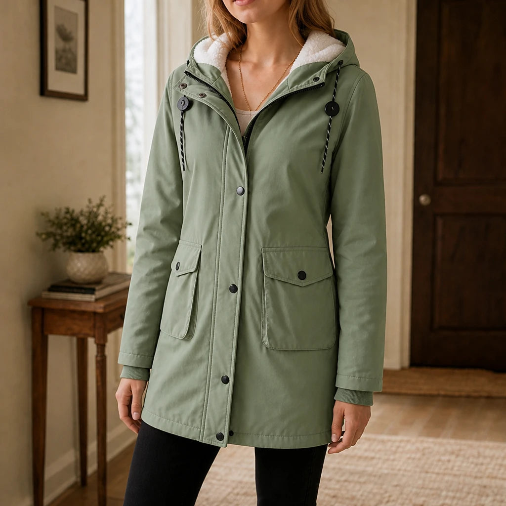 Women's Longline Hooded Parka in green, Warm & Slim Fit