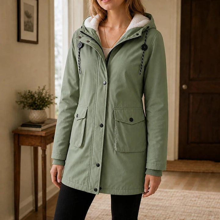 Women's Longline Hooded Parka in green, Warm & Slim Fit