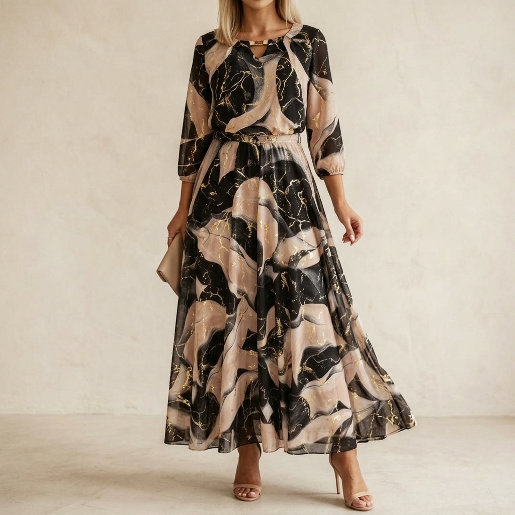 Women's Marble Gold Chiffon Maxi Dress - A-Line