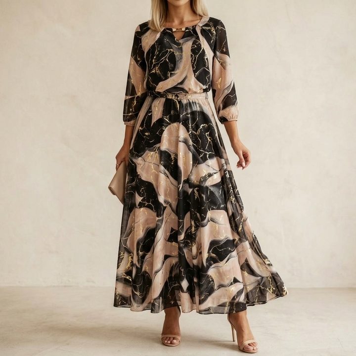 Women's Marble Gold Chiffon Maxi Dress - A-Line
