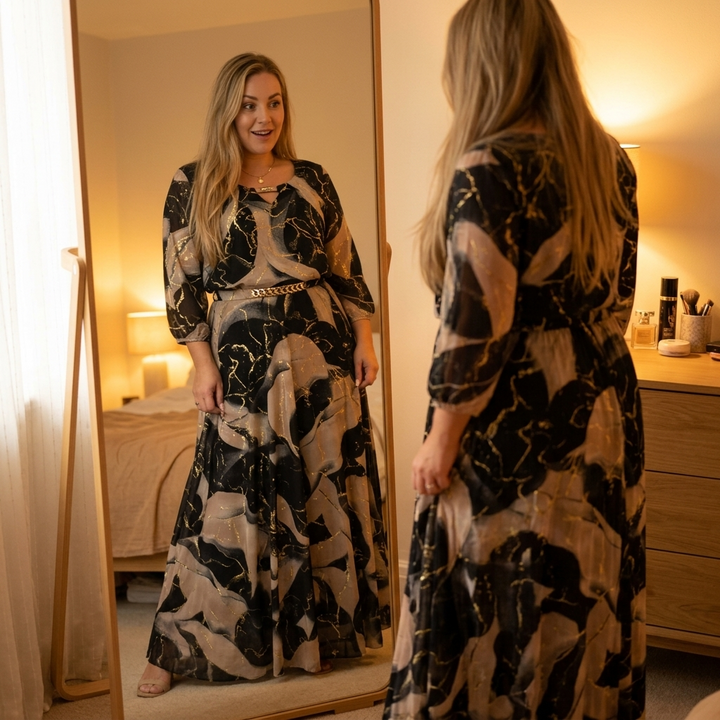 Women's Marble Gold Chiffon Maxi Dress - A-Line