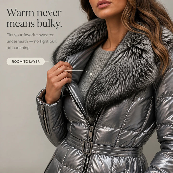 Women's Metallic Faux-Fur Collar Belted Puffer Jacket - Hip-Length