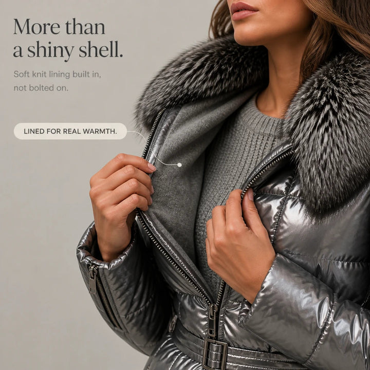 Women's Metallic Faux-Fur Collar Belted Puffer Jacket - Hip-Length