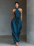 Women's Navy Linen Cross-Back Wide-Leg Jumpsuit