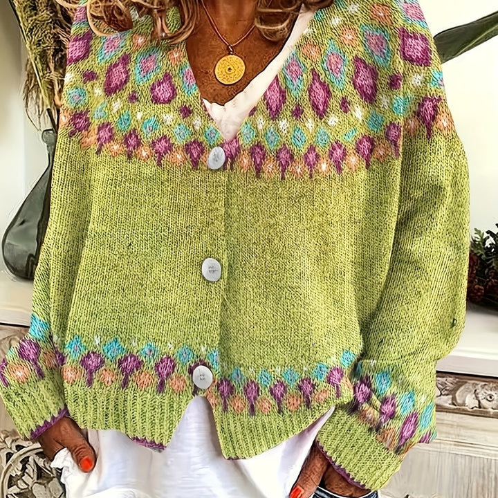 Women's Nordic Patterned Cardigan in chartreuse, Relaxed Button-Front Layer
