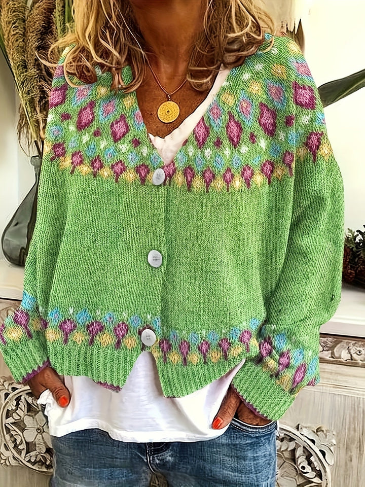 Women's Nordic Patterned Cardigan - Relaxed Button-Front Layer