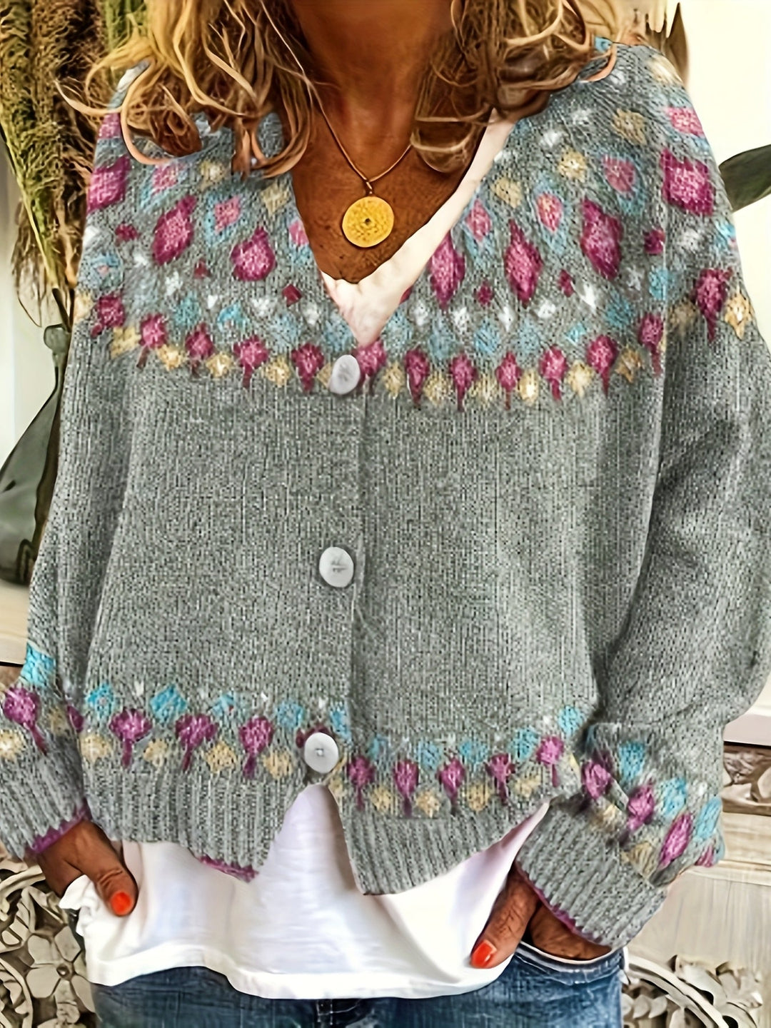 Women's Nordic Patterned Cardigan - Relaxed Button-Front Layer