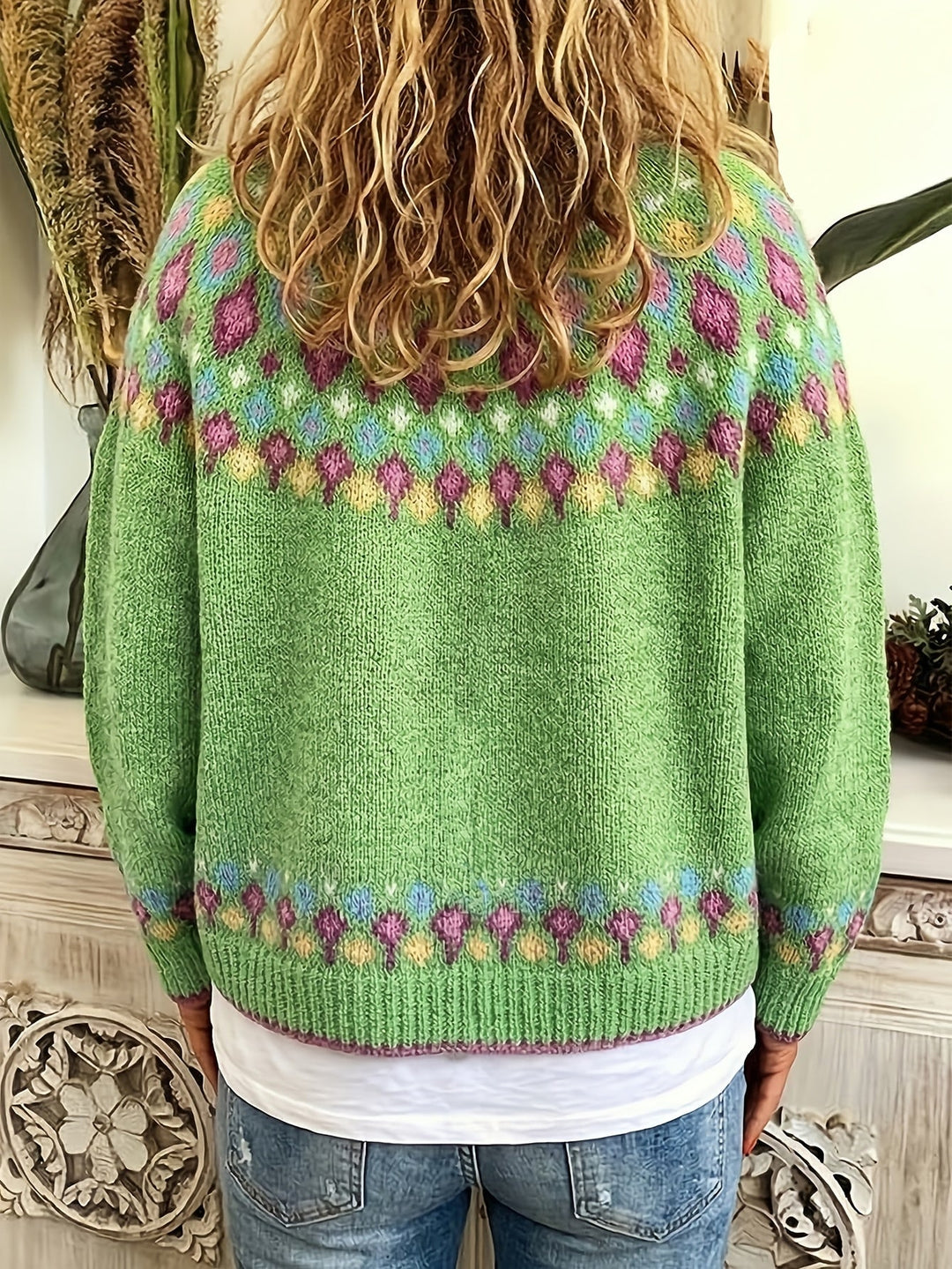 Women's Nordic Patterned Cardigan - Relaxed Button-Front Layer