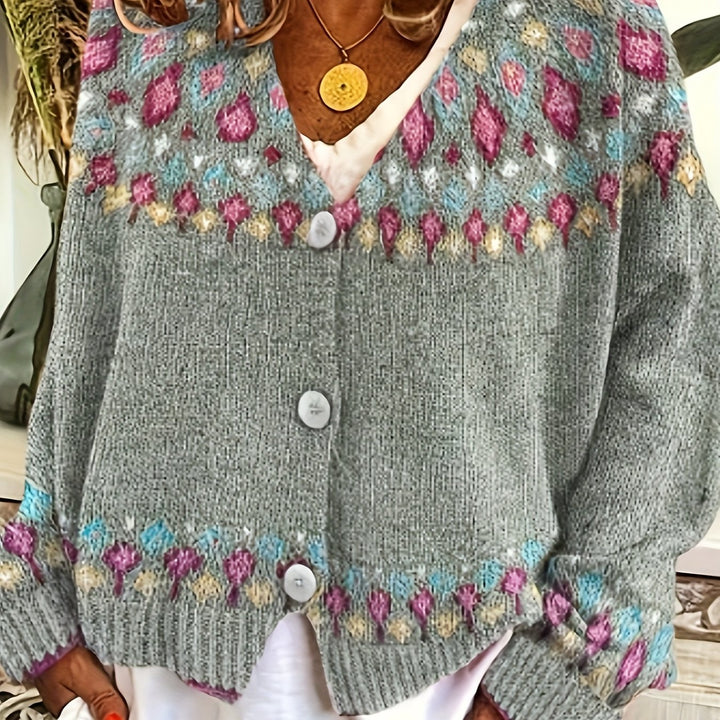 Women's Nordic Patterned Cardigan in grey, Relaxed Button-Front Layer