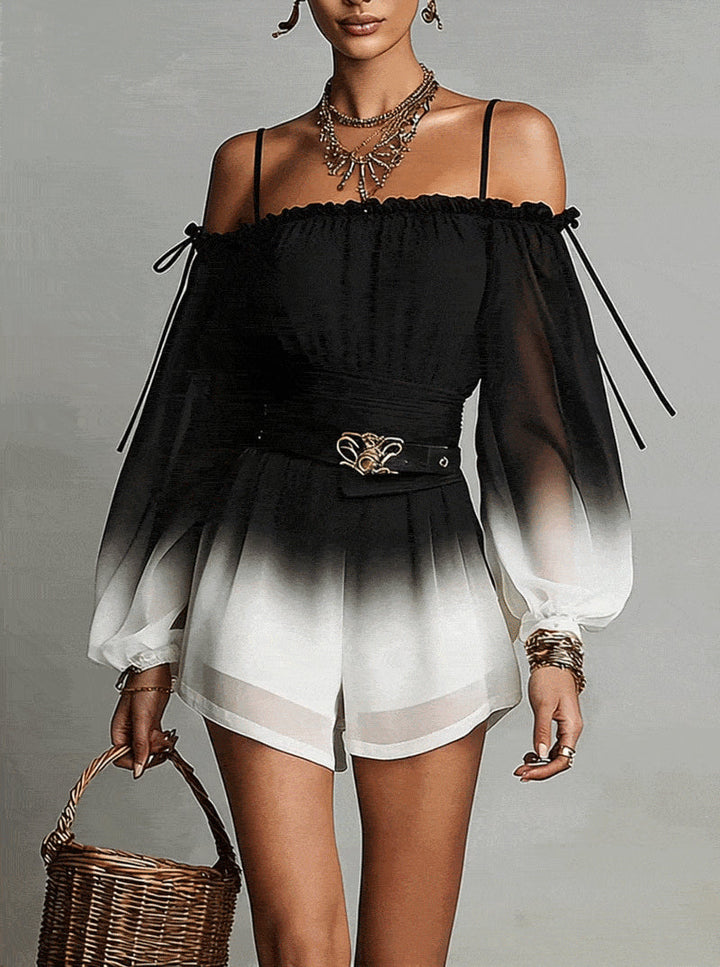 Women's Ombre Off-Shoulder Jumpsuit - Black & White - Black & White
