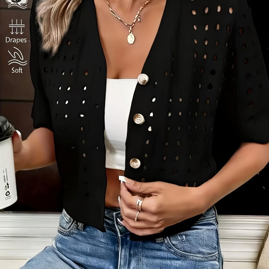 Women's Open-Knit Short-Sleeve Cardigan in black, Lightweight Layer