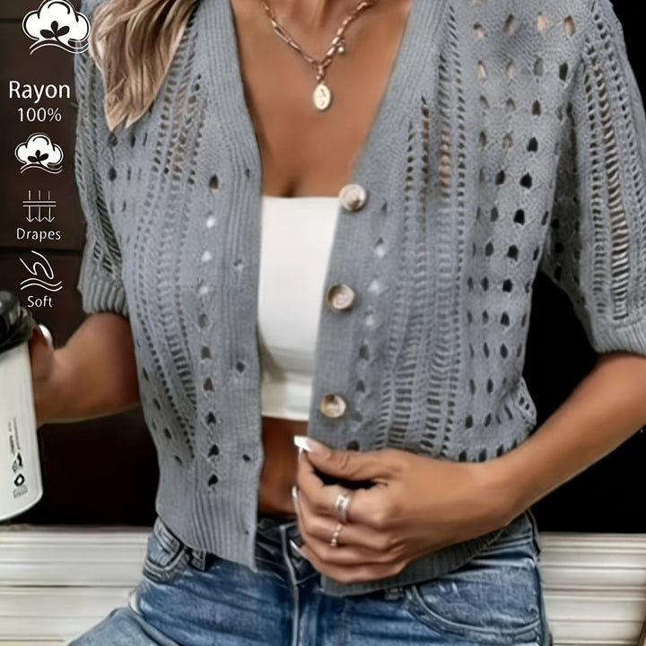 Women's Open-Knit Short-Sleeve Cardigan in deep grey, Lightweight Layer