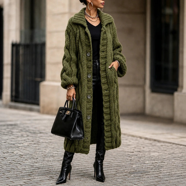Women's Oversized Cable-Knit Longline Cardigan in army green, Open Front