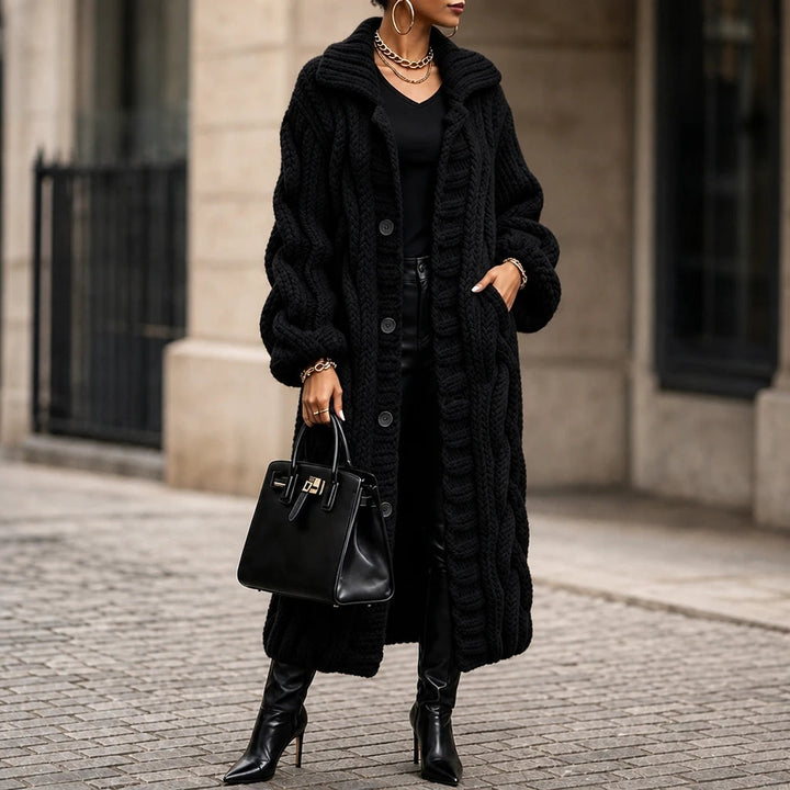 Women's Oversized Cable-Knit Longline Cardigan in black, Open Front