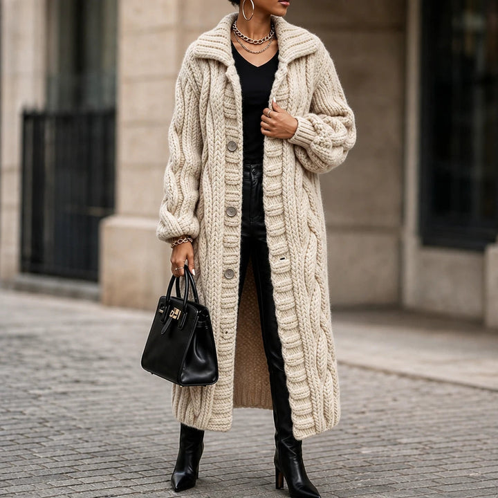 Women's Oversized Cable-Knit Longline Cardigan in cream, Open Front