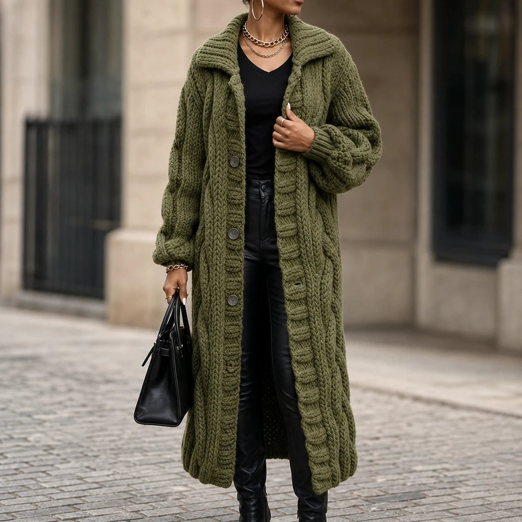 Women's Oversized Cable-Knit Longline Cardigan - Open Front