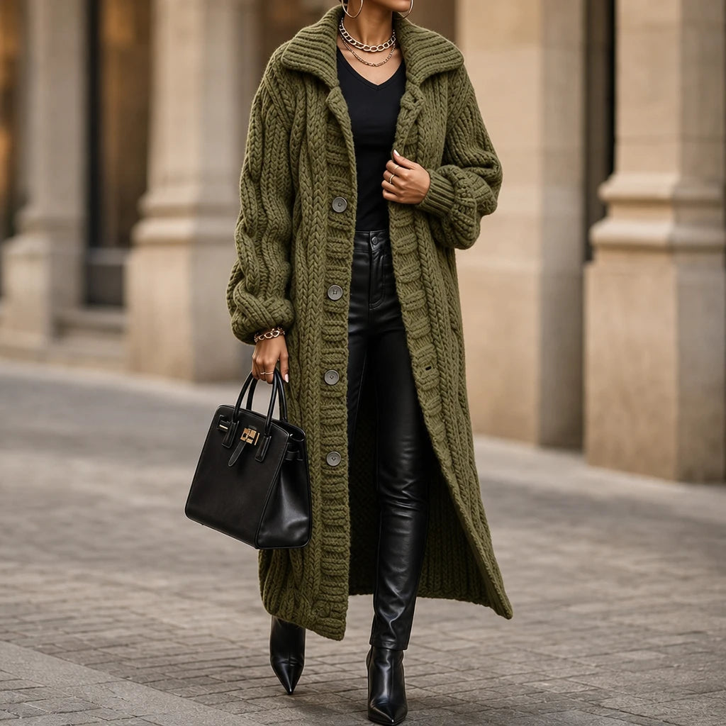 Women's Oversized Cable-Knit Longline Cardigan - Open Front