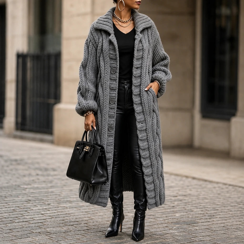 Women's Oversized Cable-Knit Longline Cardigan in grey, Open Front