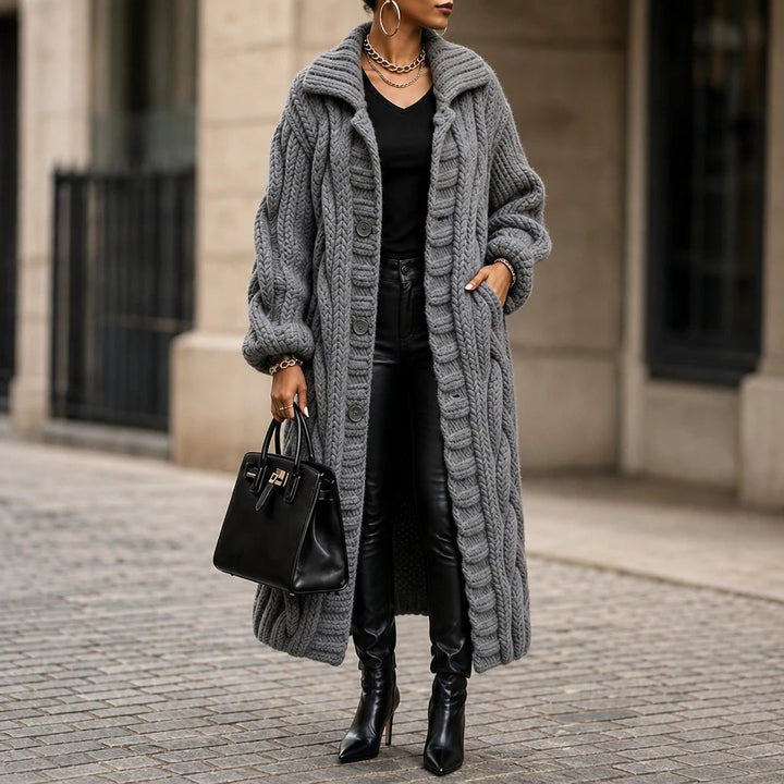 Women's Oversized Cable-Knit Longline Cardigan in grey, Open Front