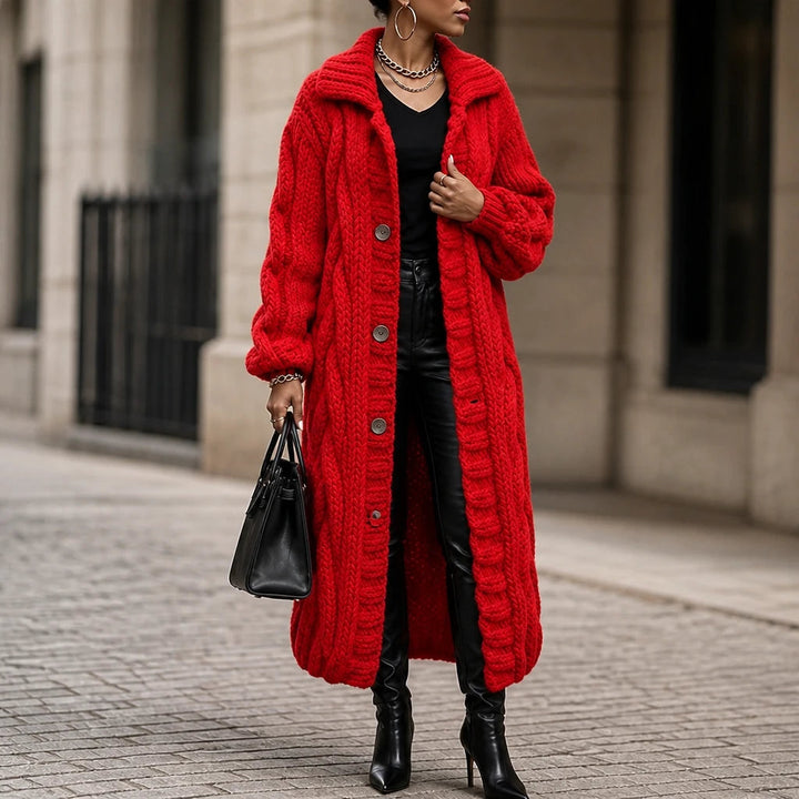 Women's Oversized Cable-Knit Longline Cardigan in red, Open Front
