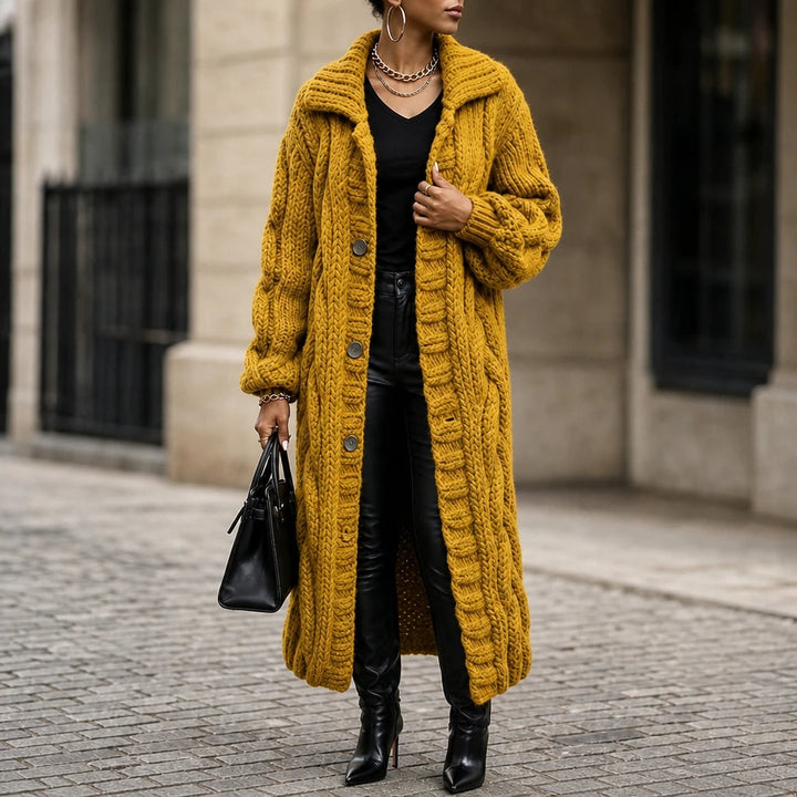 Women's Oversized Cable-Knit Longline Cardigan in yellow, Open Front