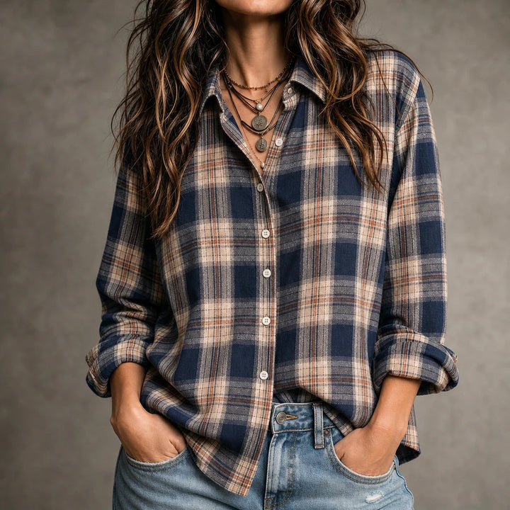 Women's Plaid Button-Front Blouse in blue, Relaxed Fit
